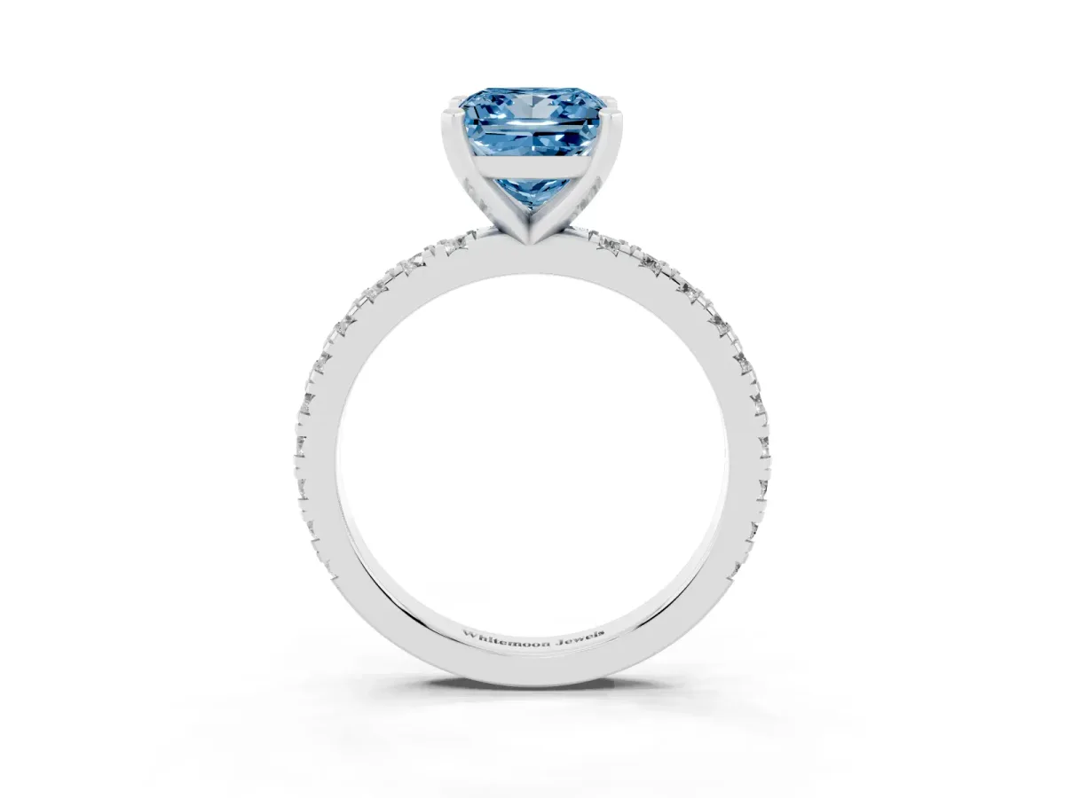 Fancy Blue Princess Cut Diamond Pavé Band Solitaire with Four-Prong Setting Platinum