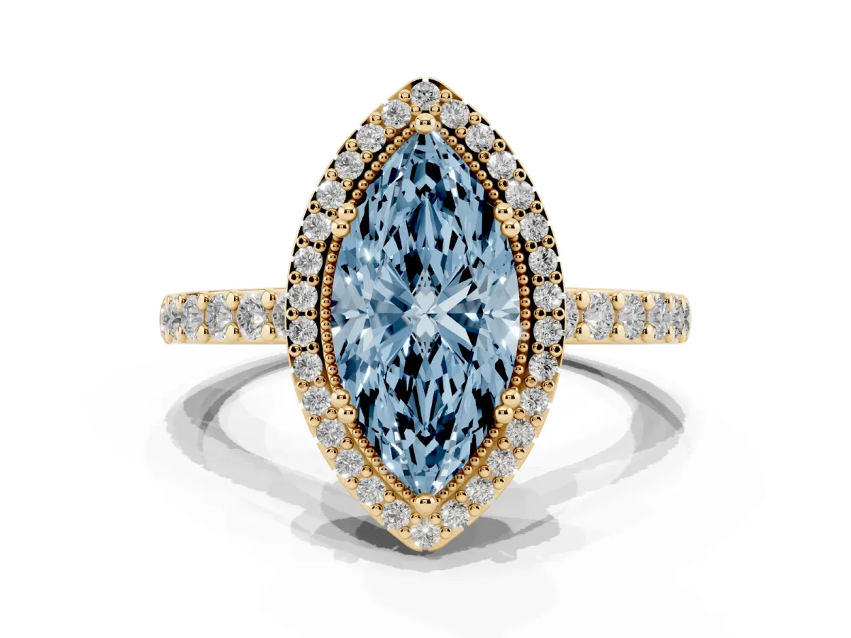 Fancy Blue Marquise Cut Cut Diamond Halo Engagement Ring with Milgrain Detail and Pavé Band Yellow gold