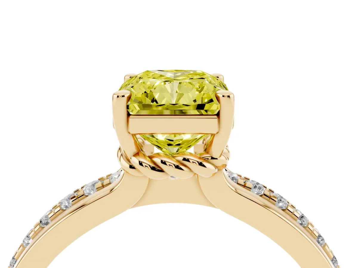 Fancy Yellow Radiant Cut Solitaire Diamond Ring with Channel Set Band and Six-Prong Setting Yellow gold