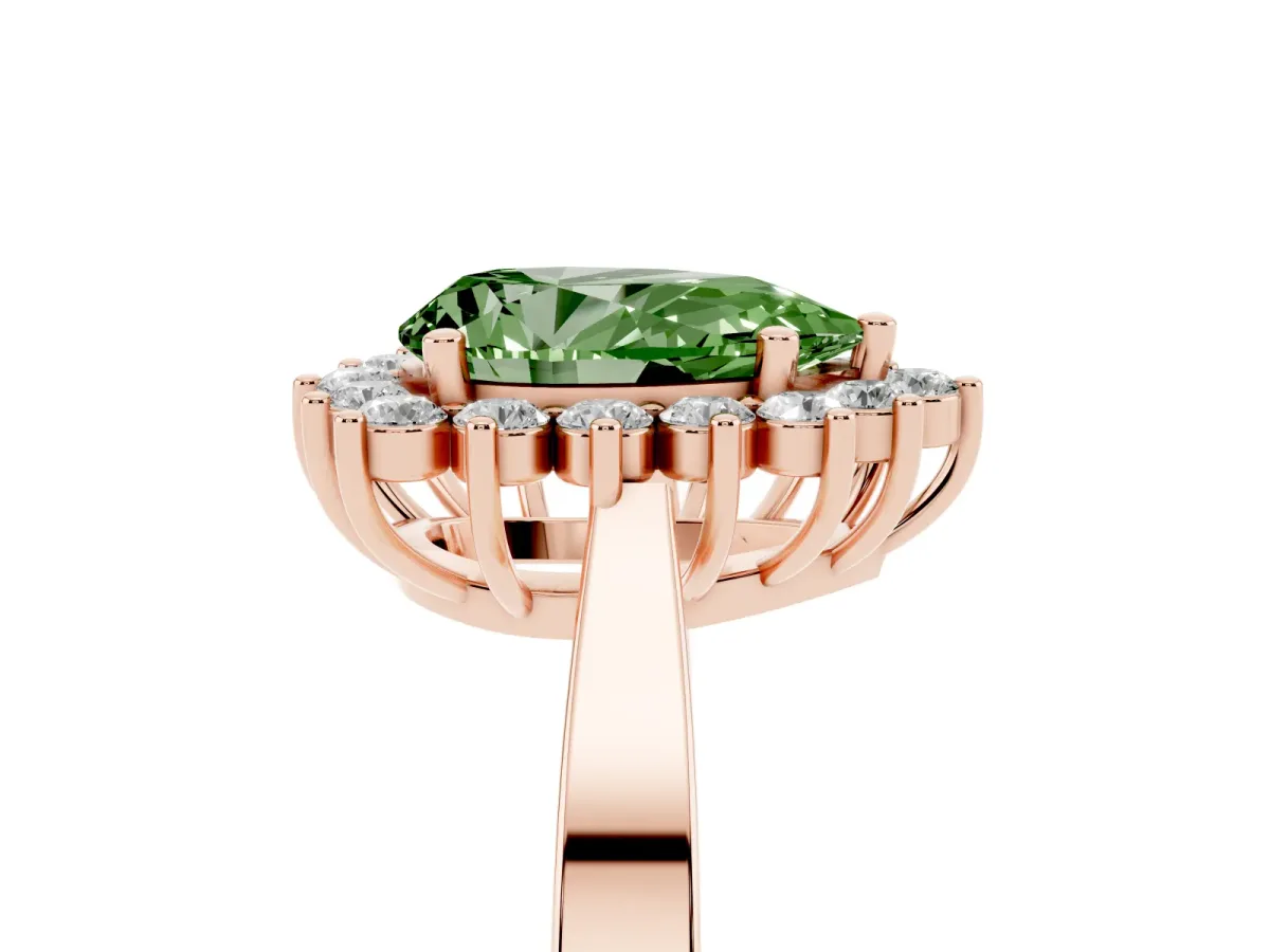 Fancy Green Pear Cut Cut Diamond Halo Ring with Round Brilliant Halo and Solitaire Band Rose gold