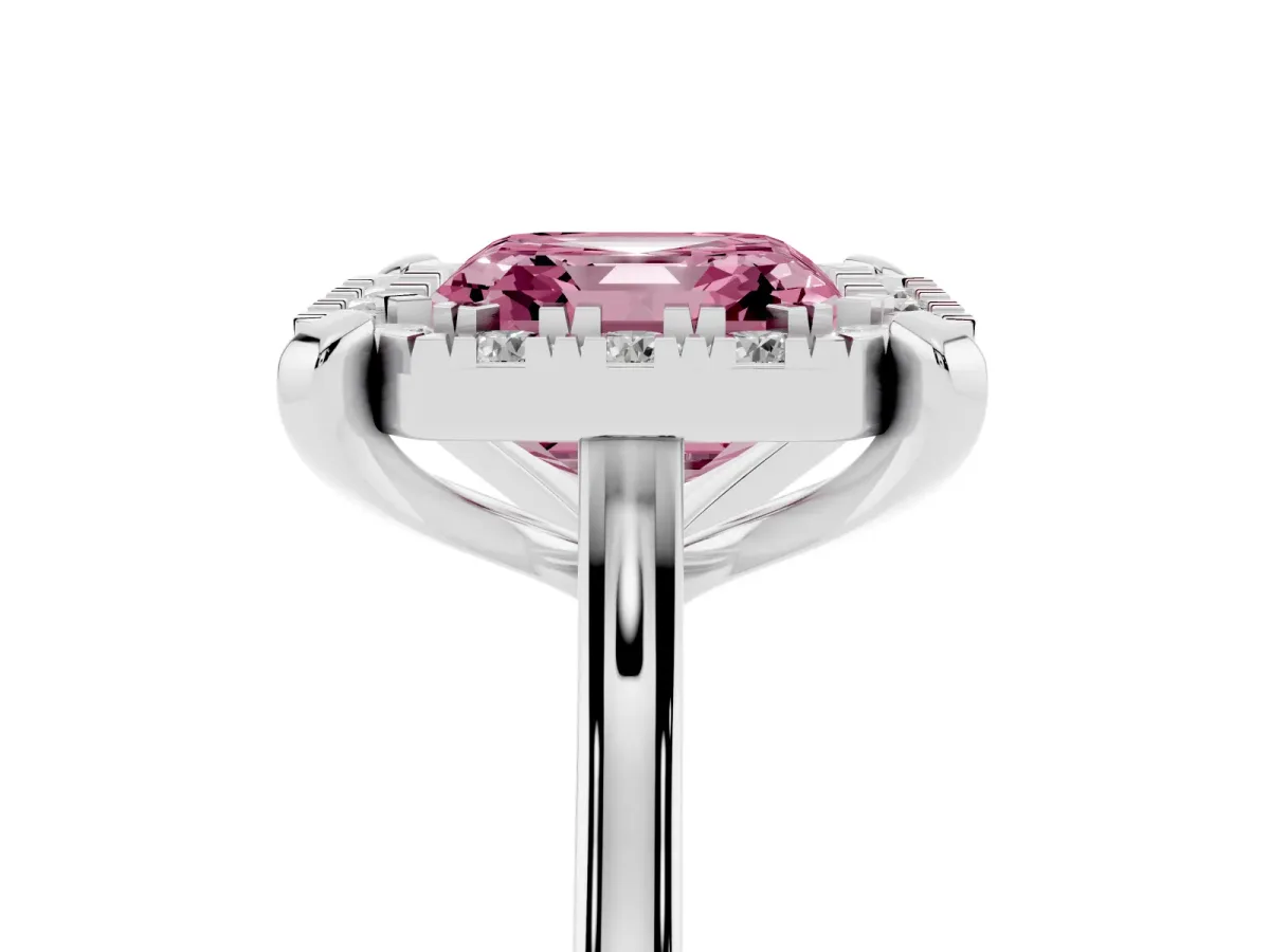 Fancy Pink Asscher Cut Diamond Cluster Halo Solitaire with Four-Prong Setting Platinum