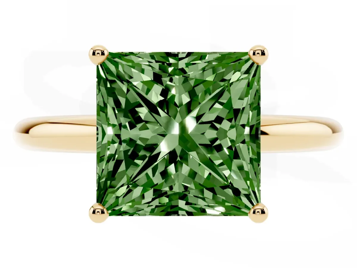 Fancy Green Princess Cut Cut Solitaire Engagement Ring with Four-Prong Setting and Classic Band Yellow gold