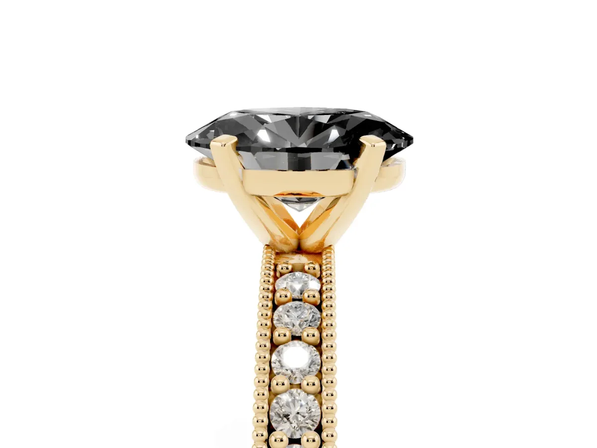 Fancy Black Oval Cut Diamond Milgrain Pavé Engagement Ring with Four-Prong Setting Yellow gold
