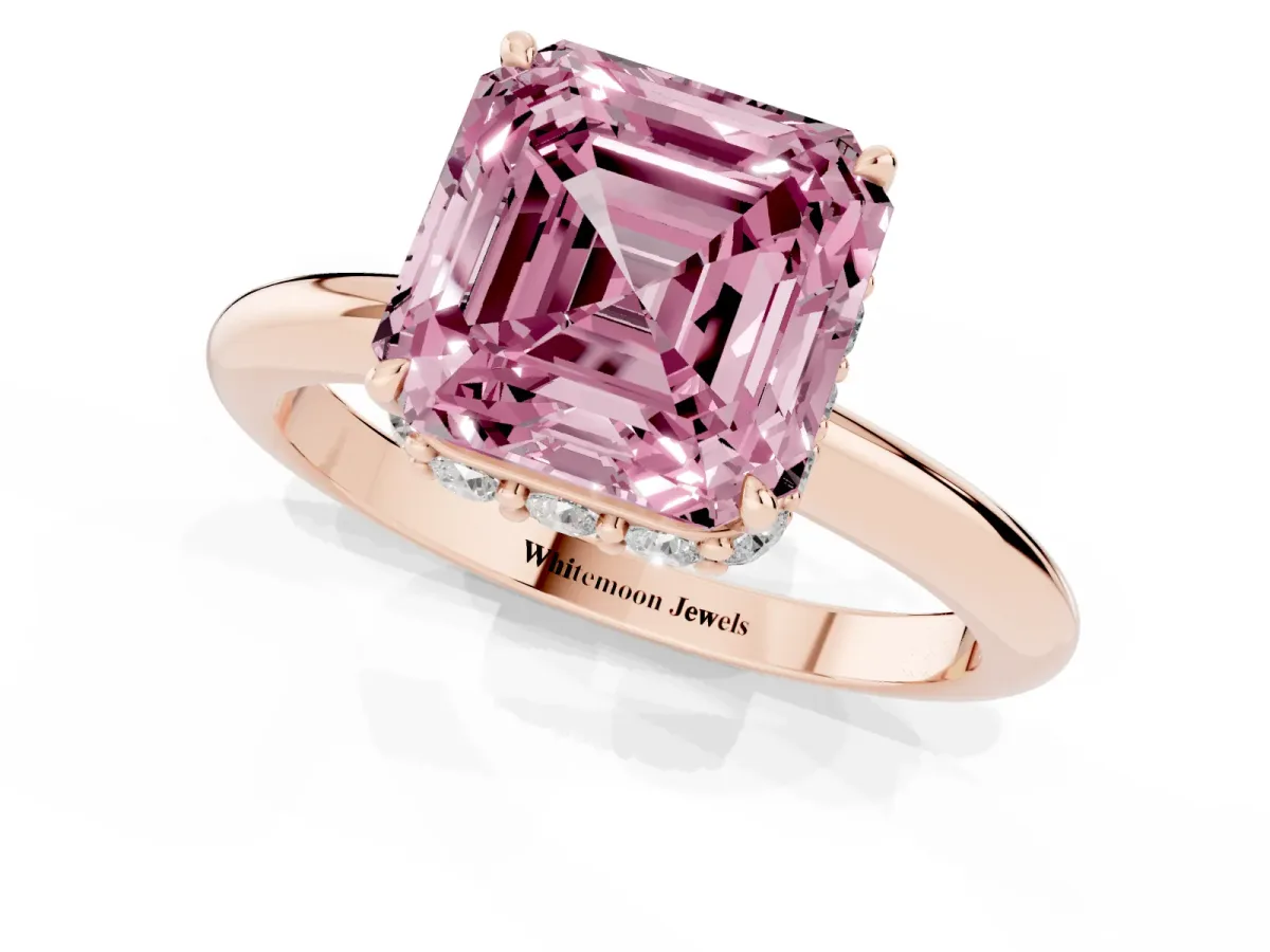 Fancy Pink Asscher Cut Brilliant Solitaire Engagement Ring with Six-Prong Setting and Classic Band Rose gold