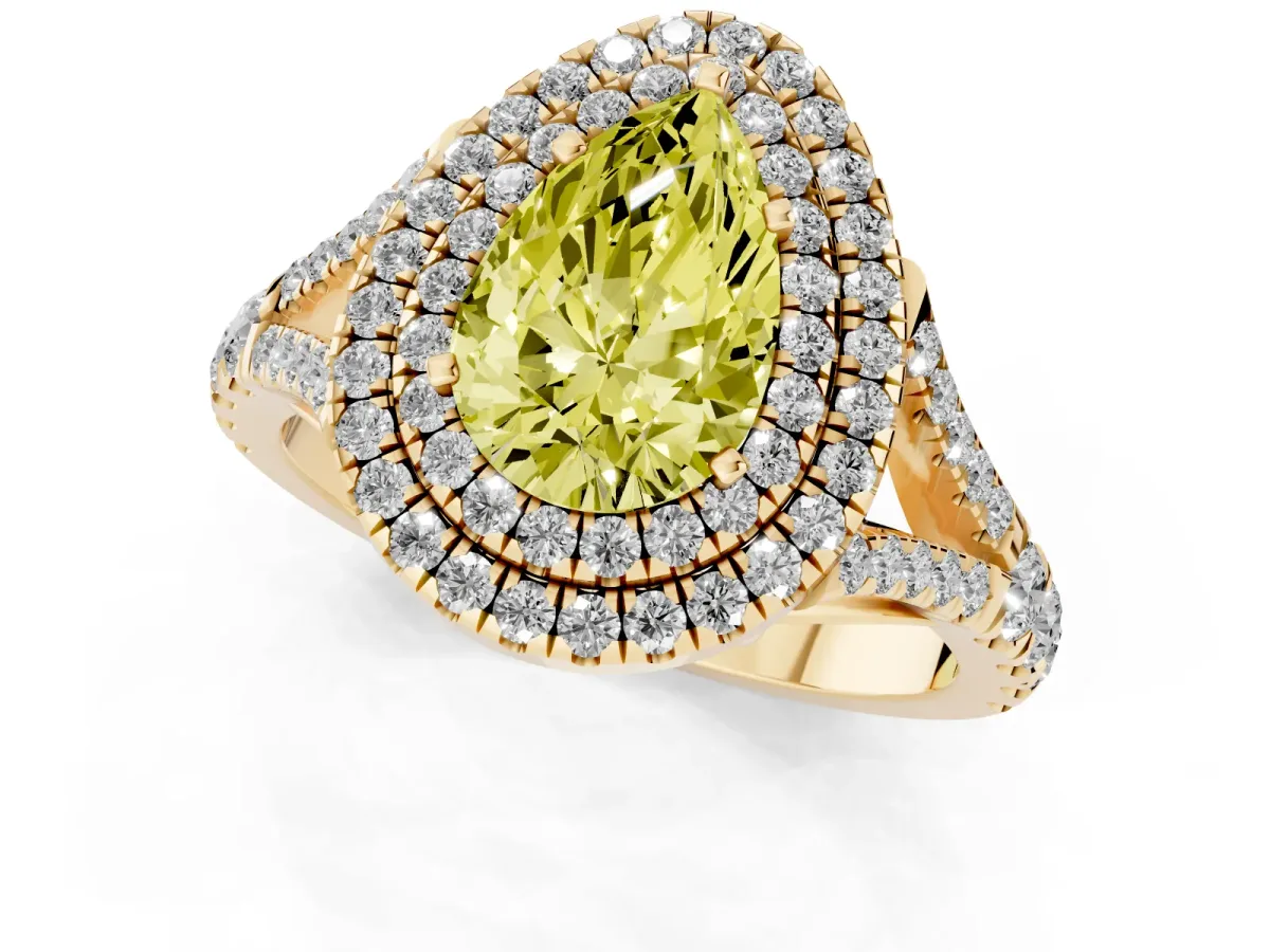 Fancy Yellow Pear Cut Diamond Double Halo Ring with Split Shank and Prong Setting Yellow gold