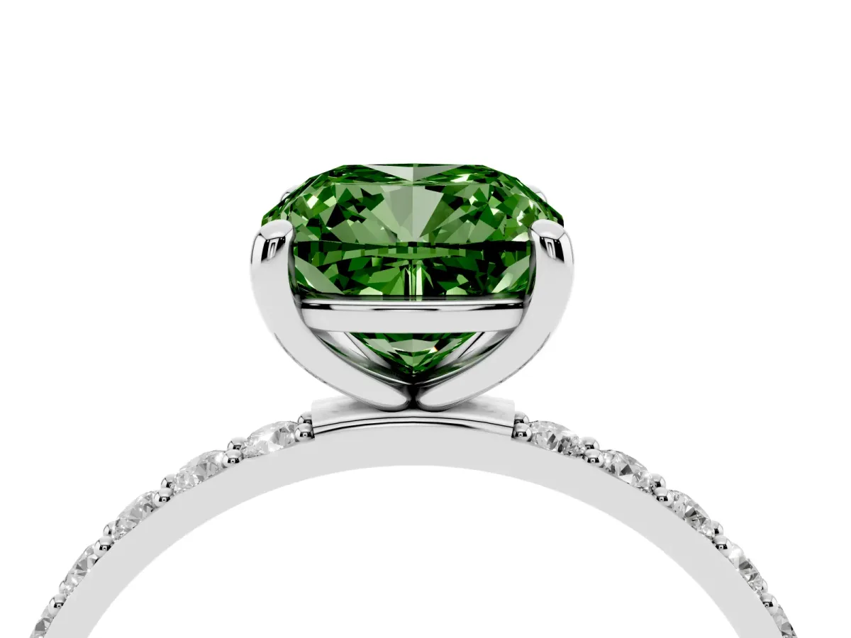 Fancy Green Cushion Cut Diamond Solitaire Ring with Round Pavé Band and Prong Setting Silver