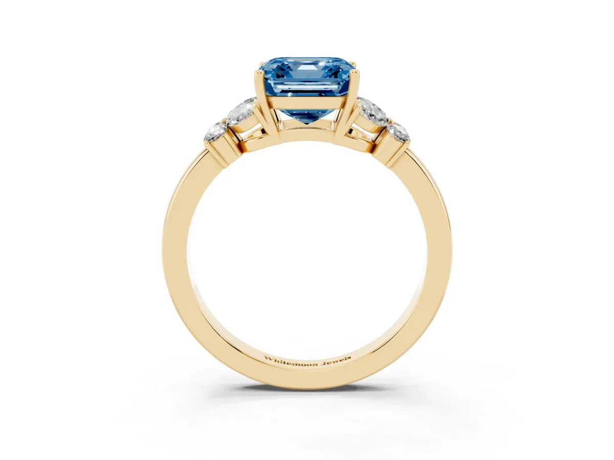 Fancy Blue Asscher Cut Cut Solitaire Floral Diamond Ring with Four-Prong Setting Yellow gold