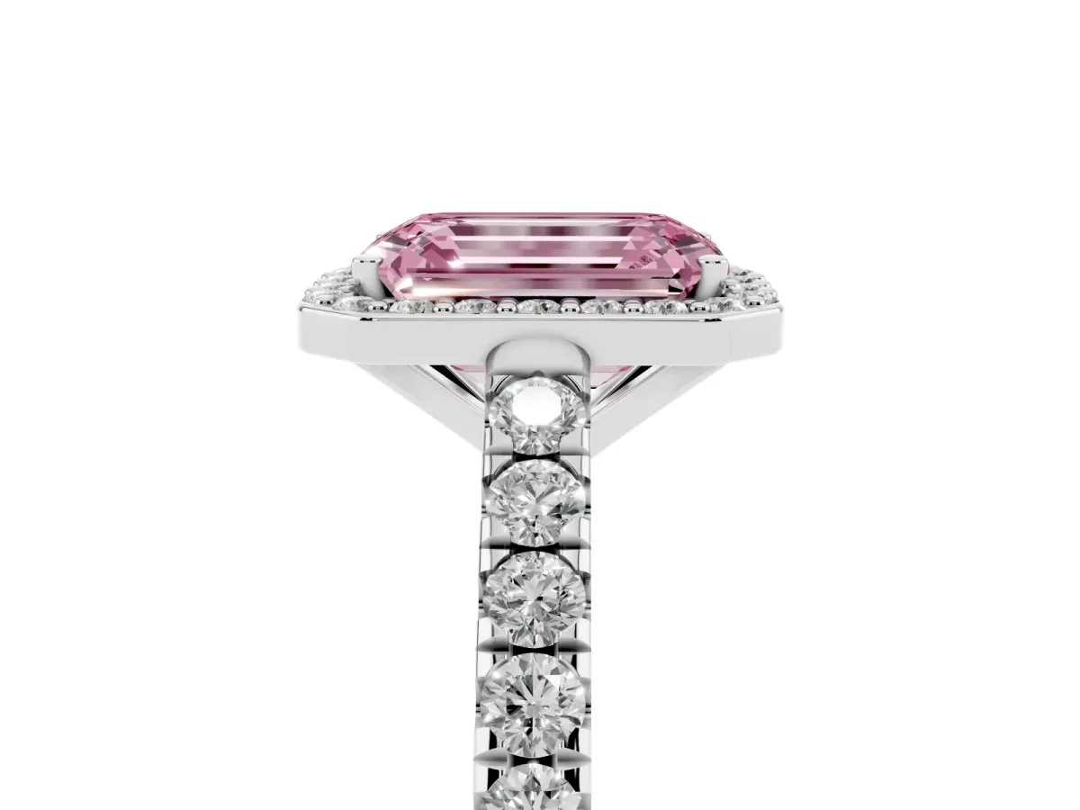 Fancy Pink Emerald Cut Cut Halo Diamond Engagement Ring with Pave Band and Four-Prong Setting White gold
