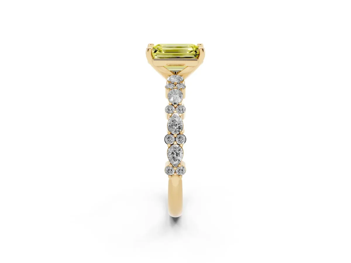 Fancy Yellow Emerald Cut Diamond Side Stone Solitaire Ring with Round and Four-Prong Setting Yellow gold