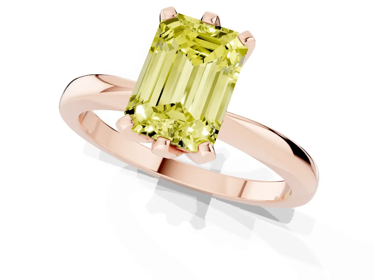 Fancy Yellow Emerald Cut Solitaire Engagement Ring with Six-Prong Setting and Tapered Band Rose gold
