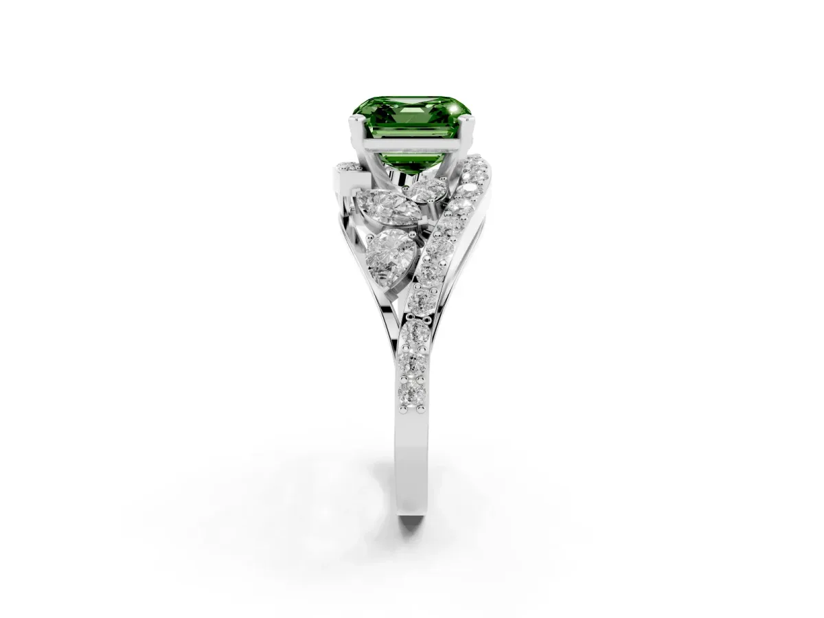 Fancy Green Asscher Cut Diamond Halo Ring with Marquise and Pavé Band in Prong Setting Platinum