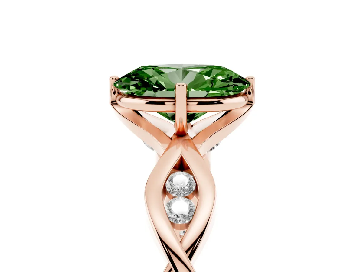 Fancy Green Oval Cut Solitaire Twist Band with Leaf Prong Setting Rose gold