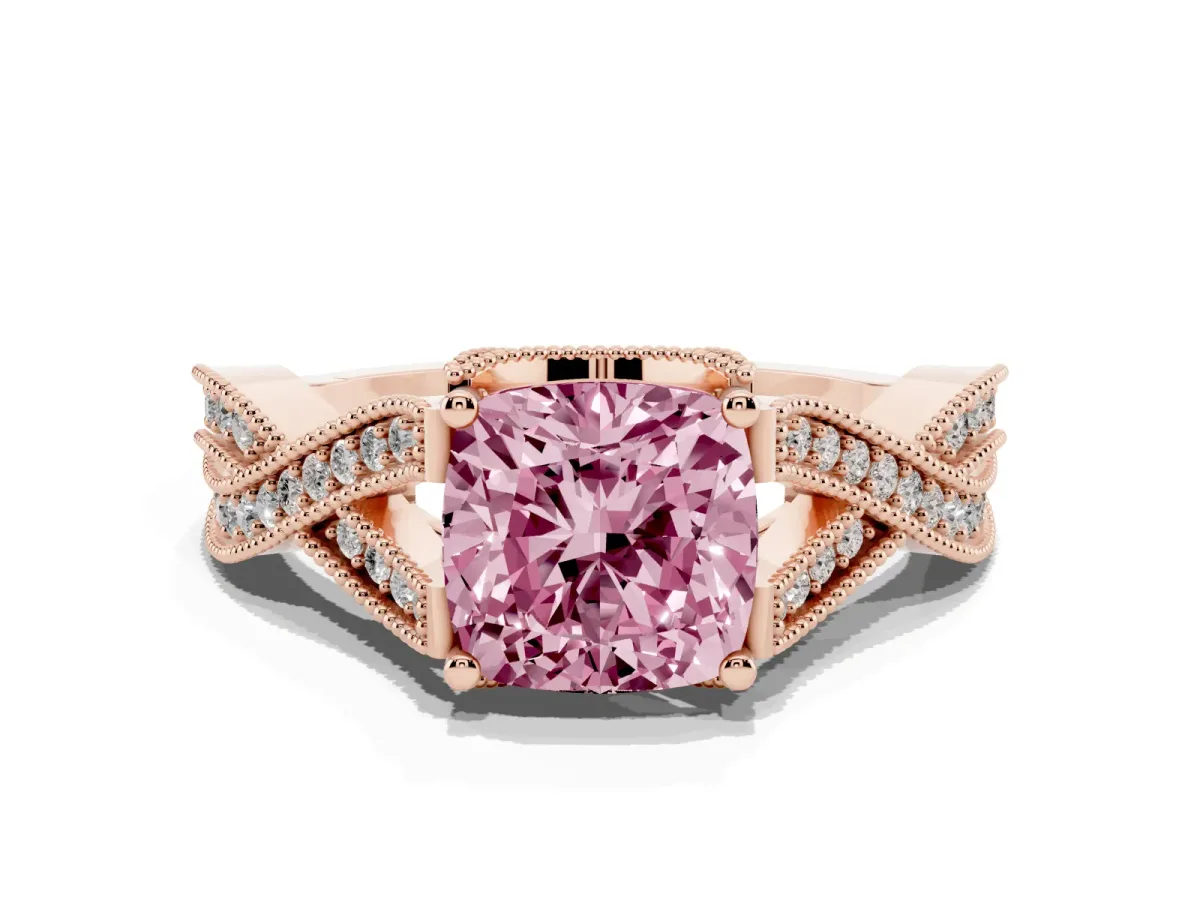 Fancy Pink Cushion Cut Cut Diamond Twisted Band with Milgrain Pave Setting and Four-Prong Setting Rose gold