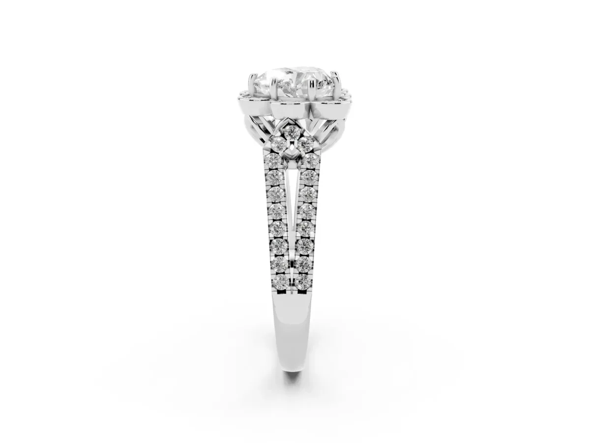Heart Cut Halo Diamond Floral Split Shank Engagement Ring Silver