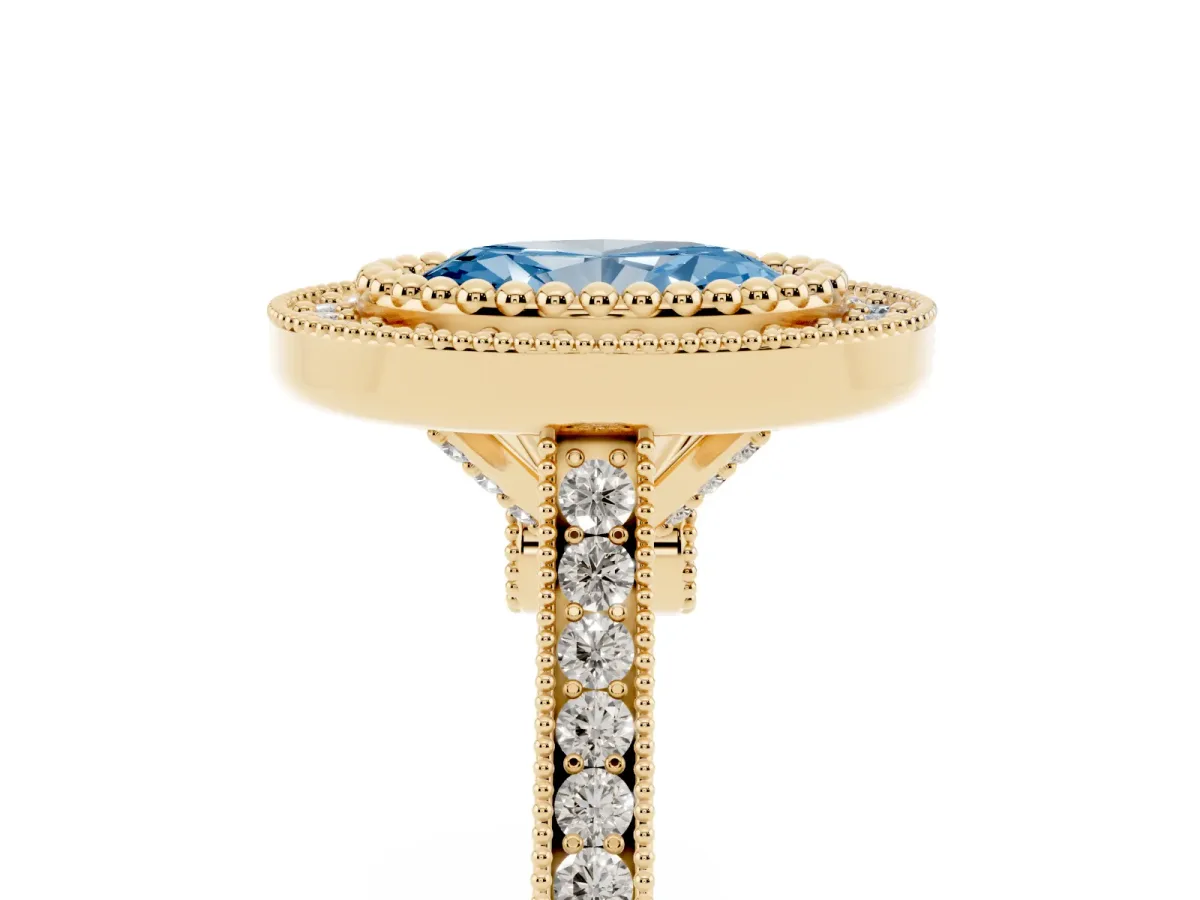 Fancy Blue Oval Cut Diamond Halo Ring with Milgrain Frame and Pavé Band Yellow gold
