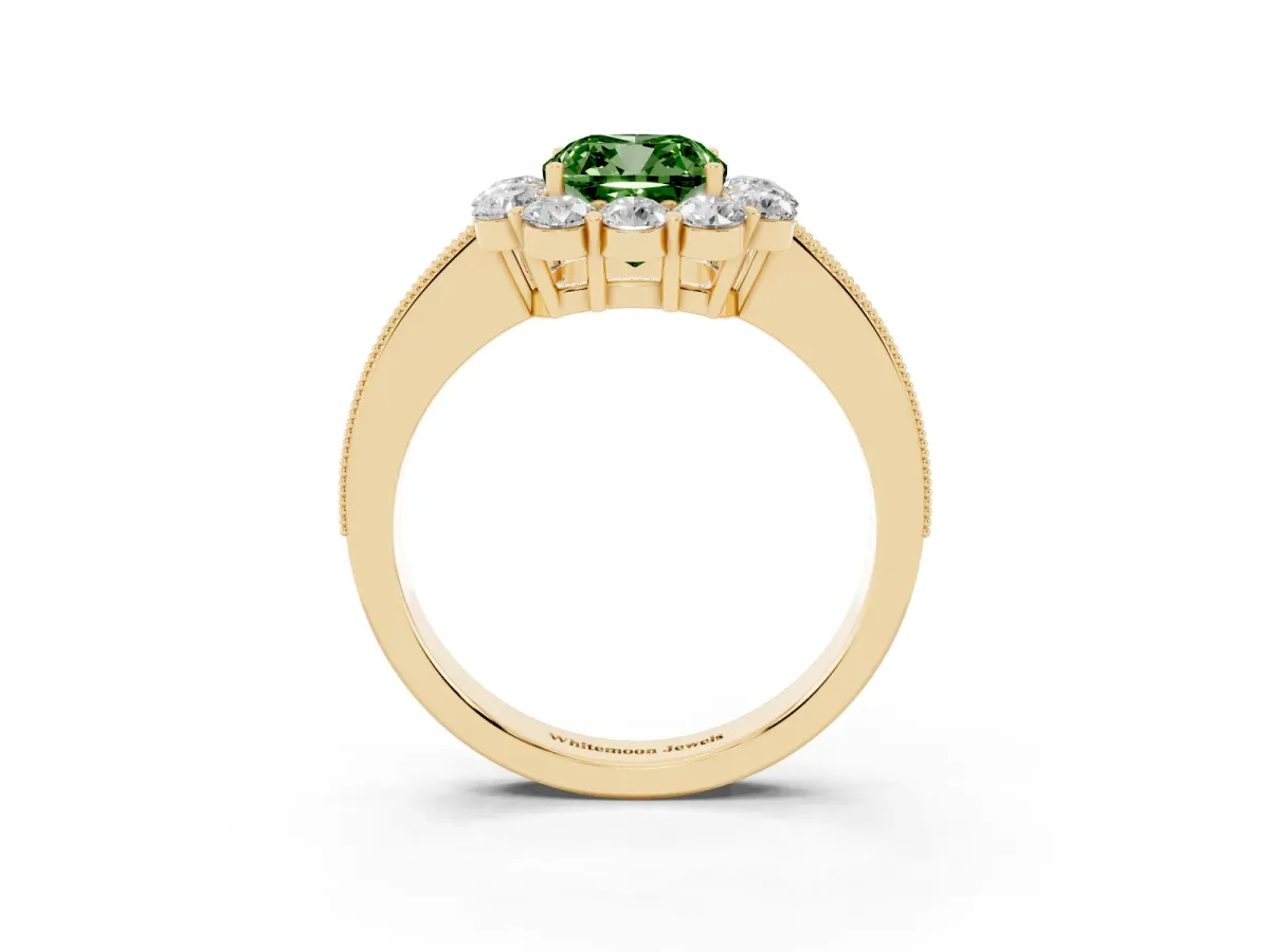 Fancy Green Cushion Cut Cut Halo Diamond Pavé Engagement Ring with Milgrain Detailing Yellow gold