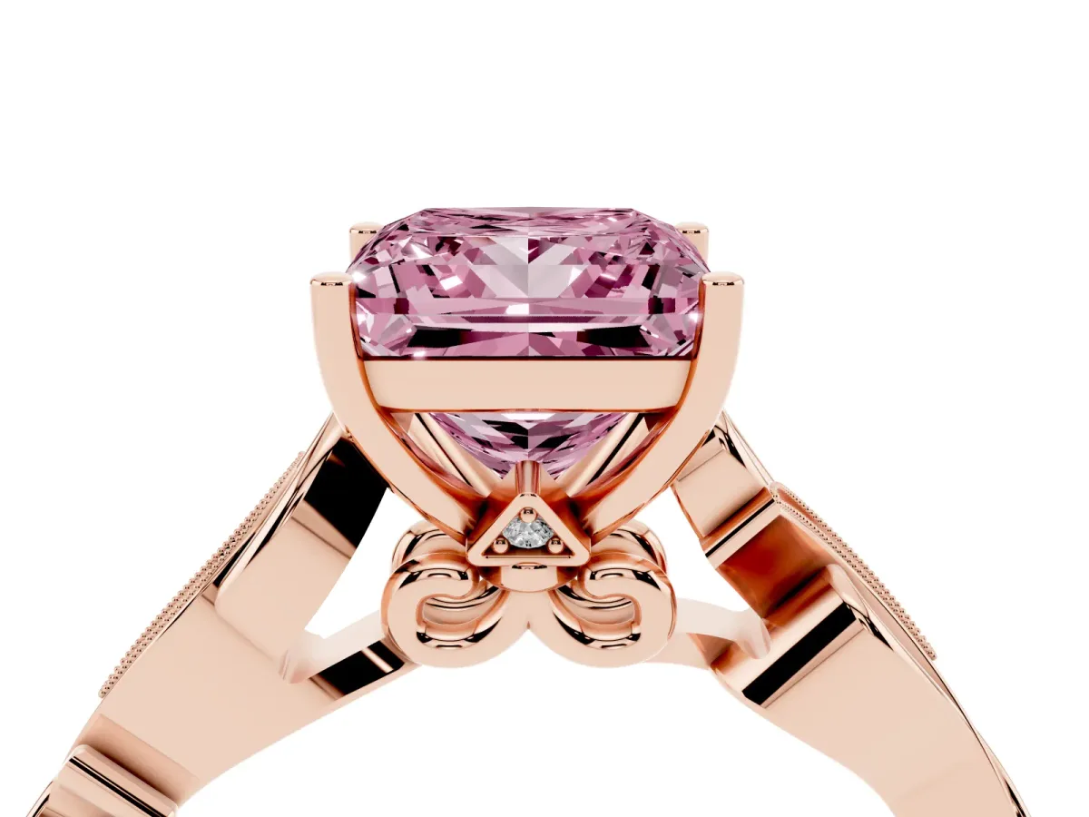 Fancy Pink Princess Cut Solitaire Vine Band with Milgrain Prong Setting Rose gold