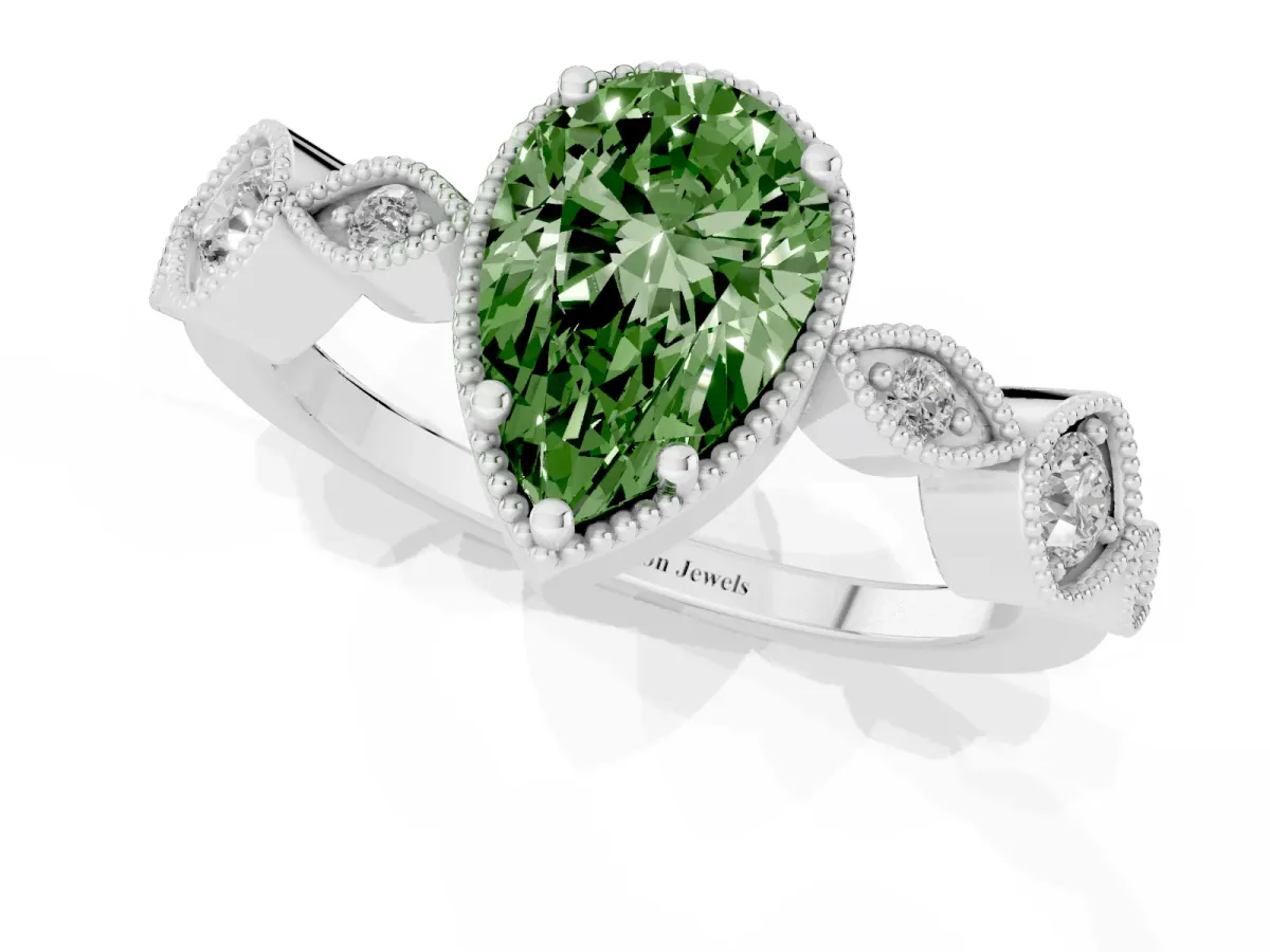 Fancy Green Pear Cut Diamond Vintage Milgrain Ring with Round Stations Platinum