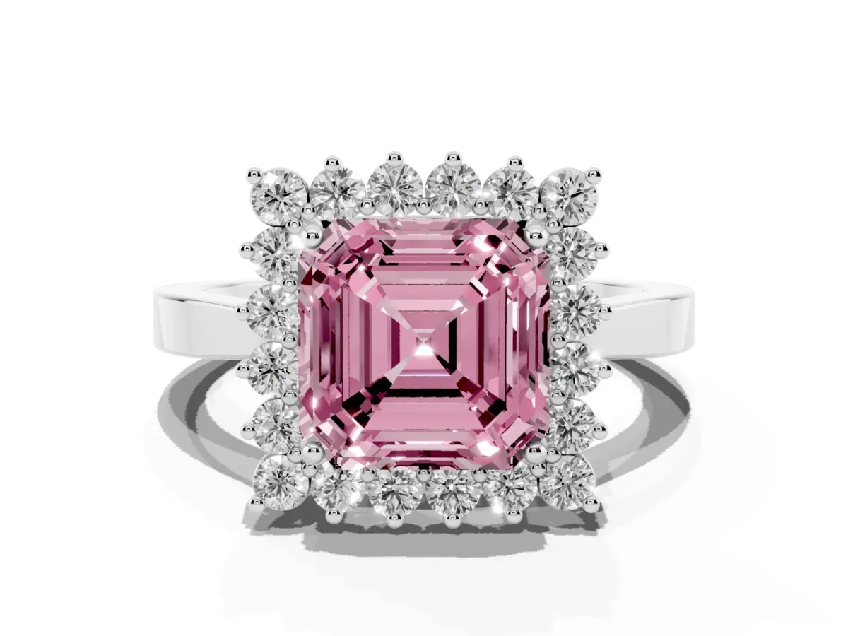 Fancy Pink Asscher Cut Cut Diamond Halo Ring with Round Brilliant Halo and Solitaire Band Platinum