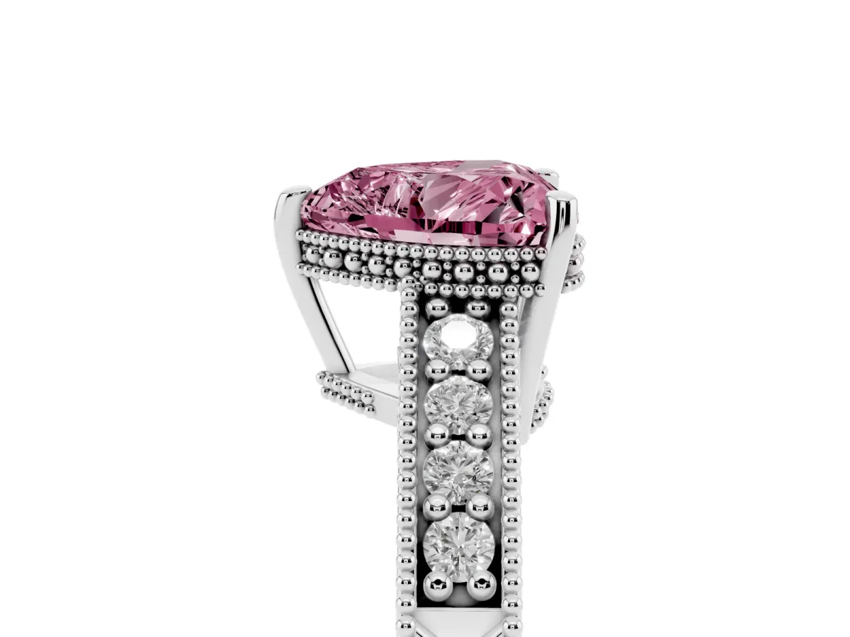 Fancy Pink Heart Cut Solitaire Pavé Diamond Milgrain Engagement Ring with Four-Prong Setting Silver