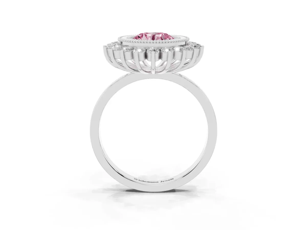 Fancy Pink Round Cut Halo Diamond Ring with Milgrain Edge and Round Prong Setting Silver