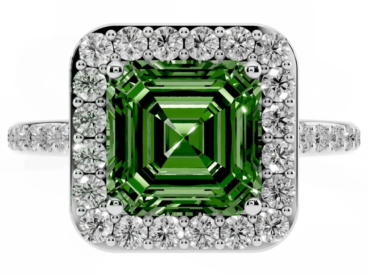 Fancy Green Asscher Cut Diamond Halo Engagement Ring with Round Pavé Shoulders and Prong Setting Silver