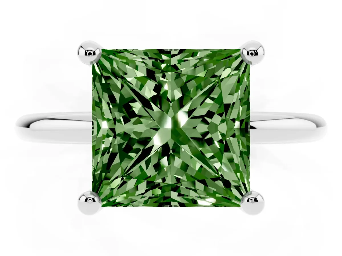 Fancy Green Princess Cut Solitaire Diamond Ring with 4-Prong Setting on a Classic Band Platinum