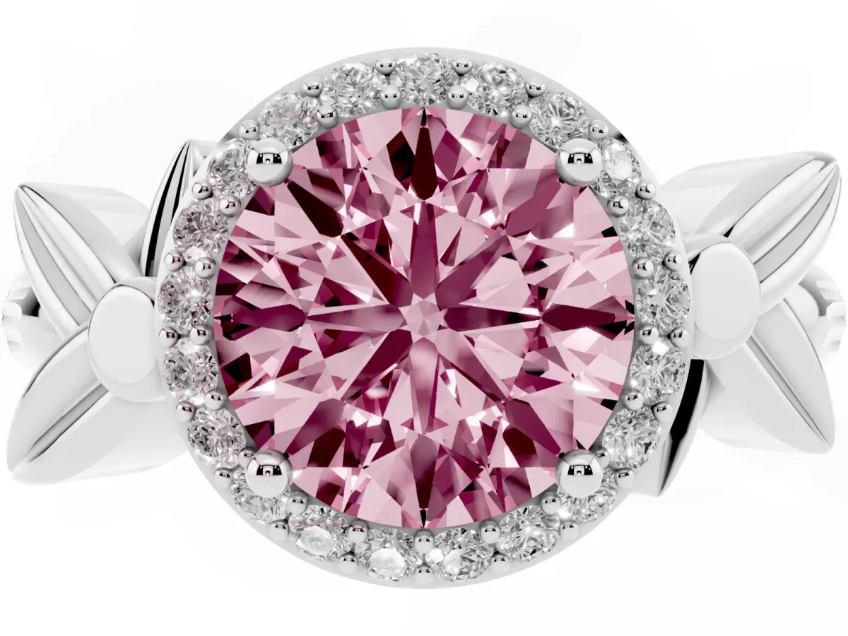 Fancy Pink Round Cut Halo Diamond Floral Band with Four-Prong Setting White gold