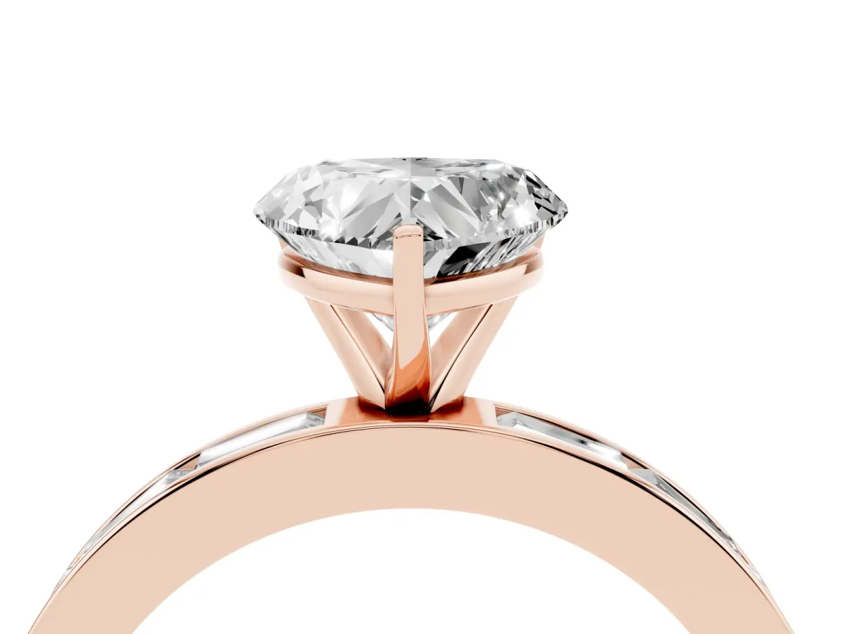Heart Cut Solitaire Diamond Ring with Channel-Set Baguette Band and Four-Prong Setting Rose gold
