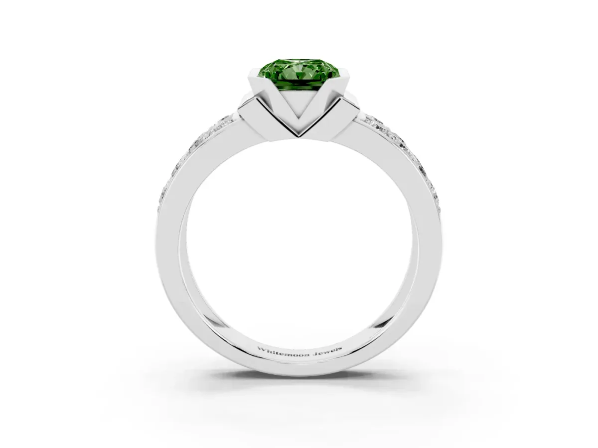 Fancy Green Radiant Cut Brilliant Diamond Channel Set Wide Band Ring with Bezel Setting Silver