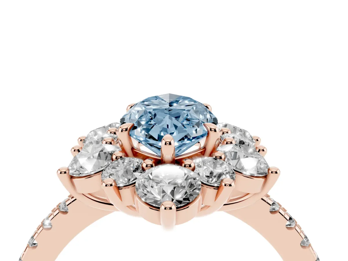Fancy Blue Marquise Cut Diamond Floral Halo Ring with Round Pavé Band and Prong Setting Rose gold
