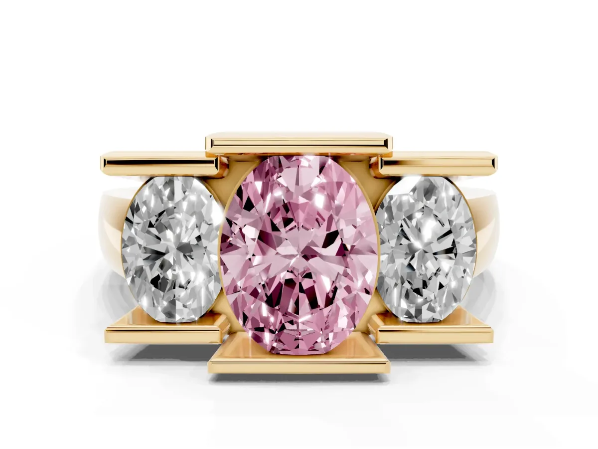 Fancy Pink Three Stone Oval Cut Cut Channel Set Diamond Ring Yellow gold