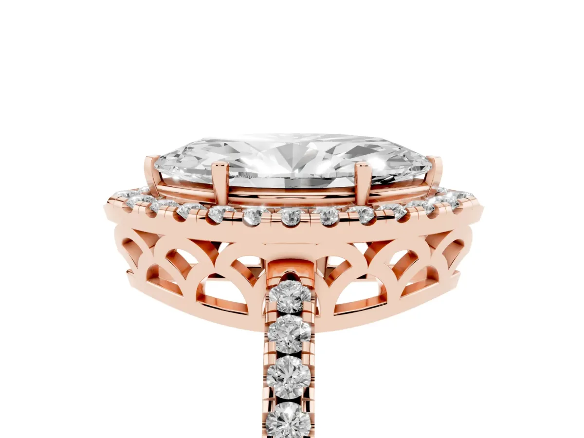 Marquise Cut Halo Diamond Engagement Ring with Pavé Band and Four-Prong Setting Rose gold