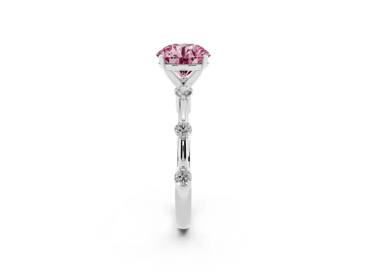 Fancy Pink Round Cut Solitaire Diamond Ring with Bezel Set Side Stones and Prong Setting Silver