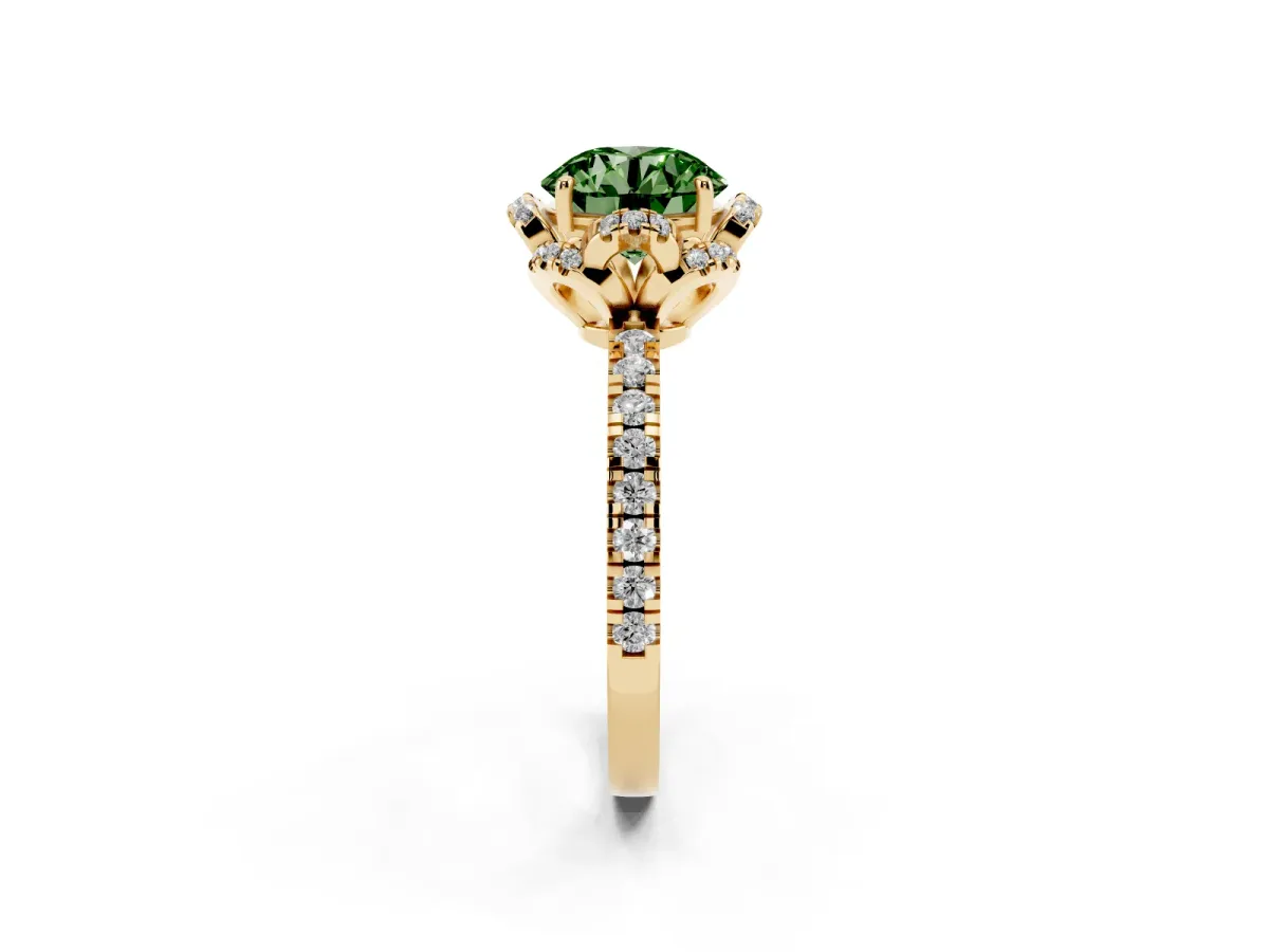 Fancy Green Round Cut Halo Diamond Pave Band Ring with Four-Prong Setting Yellow gold