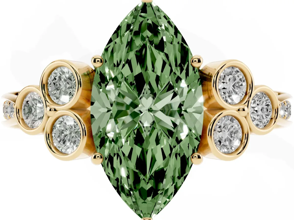Fancy Green Marquise Cut Cut Diamond Engagement Ring with Bezel Set Round Side Stones and Prong Setting Yellow gold