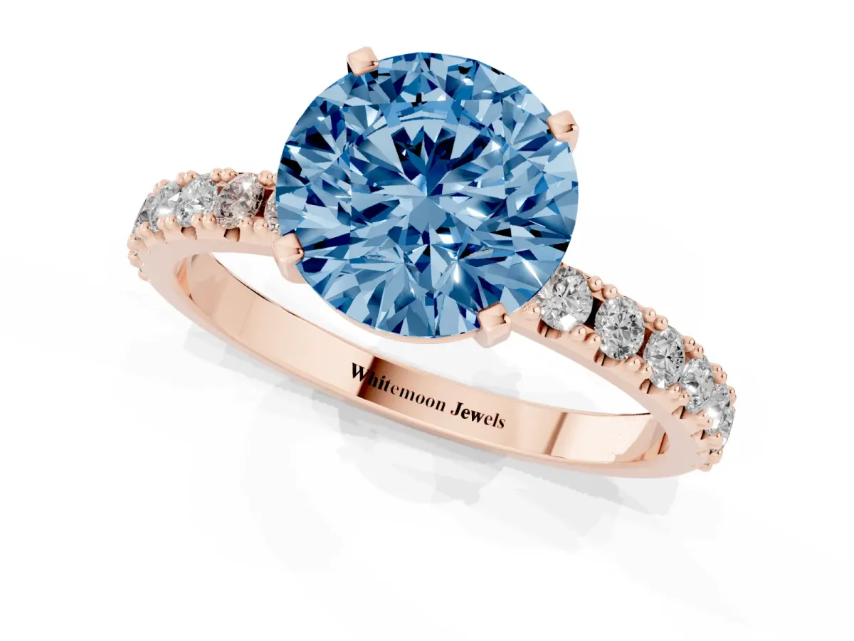 Fancy Blue Round Cut Diamond Solitaire Pavé Band with Four-Prong Setting Rose gold