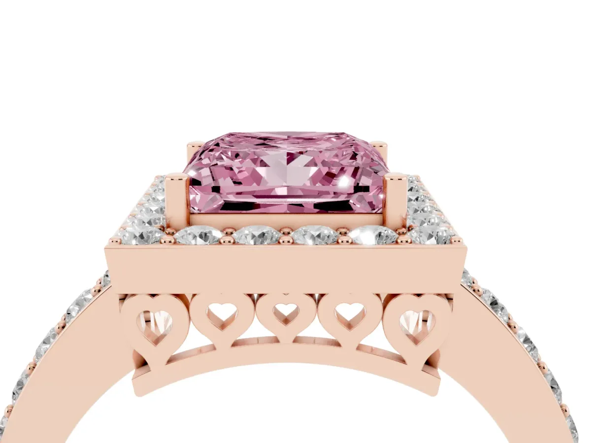 Fancy Pink Princess Cut Halo Diamond Pavé Band Ring with Prong Setting Rose gold