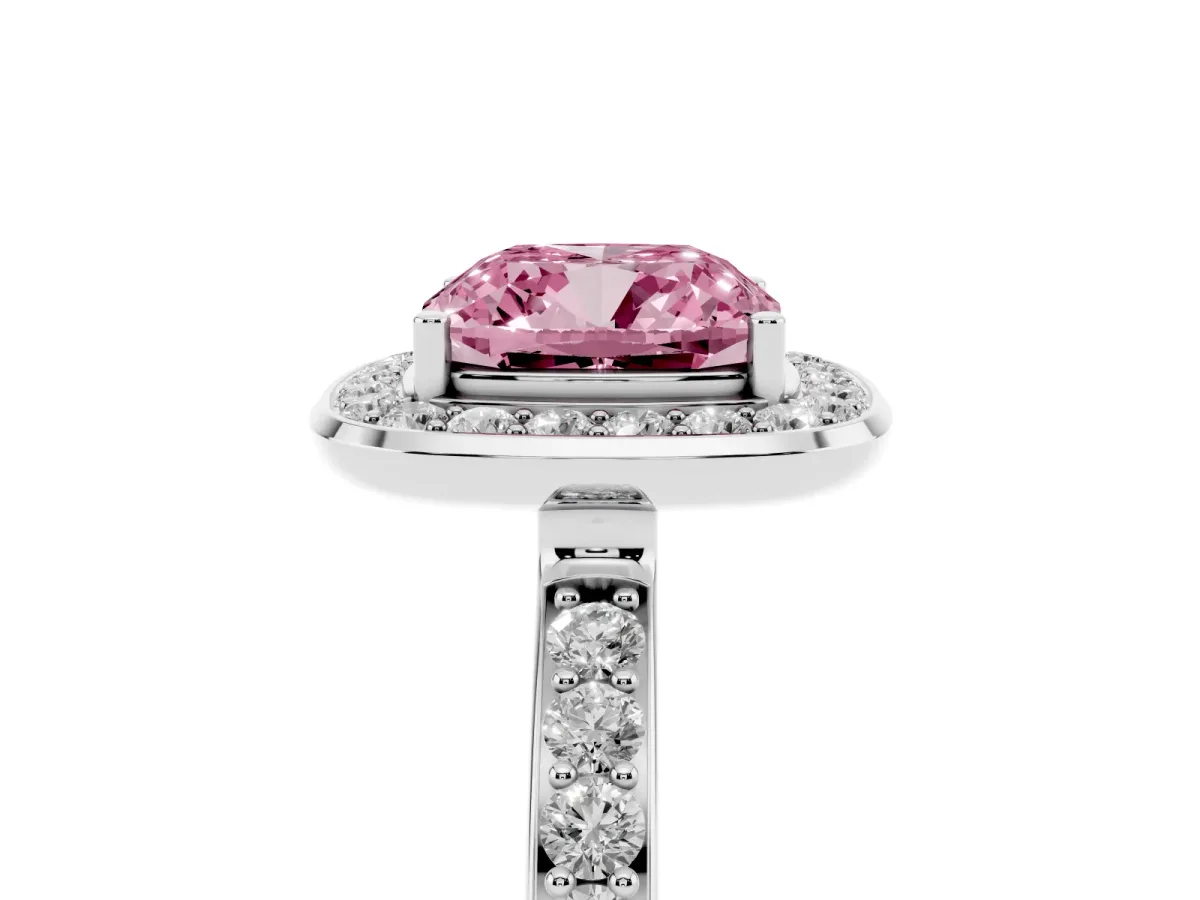 Fancy Pink Cushion Cut Diamond Halo Ring with Bezel Frame and Pavé Band Silver
