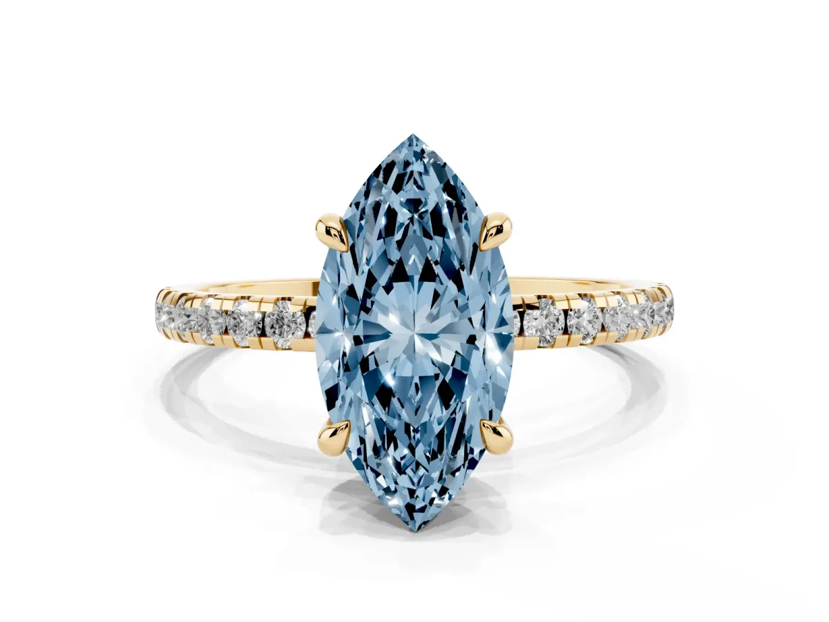 Fancy Blue Marquise Cut Diamond Brilliant Solitaire Ring with Pavé Band and Four-Prong Setting Yellow gold