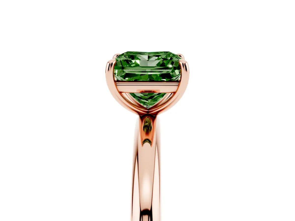 Fancy Green Princess Cut Solitaire Diamond Ring with Four-Prong Setting on a Plain Band Rose gold