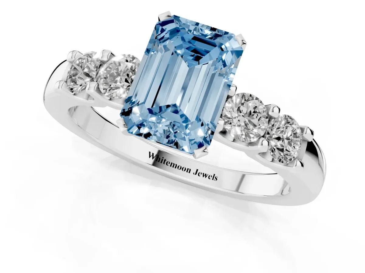Fancy Blue Emerald Cut Brilliant Cut Diamond Five-Stone Prong Set Engagement Ring with Channel Band Silver