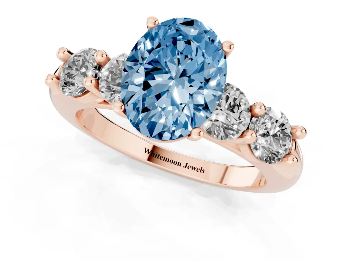 Fancy Blue Oval Cut Cut Five-Stone Prong Set Diamond Ring with Classic Band Rose gold