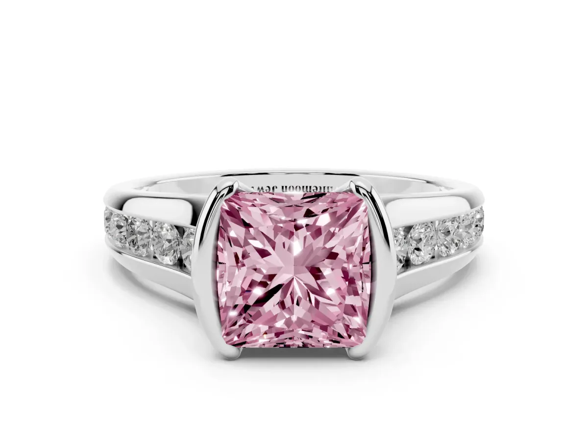 Fancy Pink Princess Cut Solitaire Bezel-Set Diamond Ring with Channel-Set Band Silver