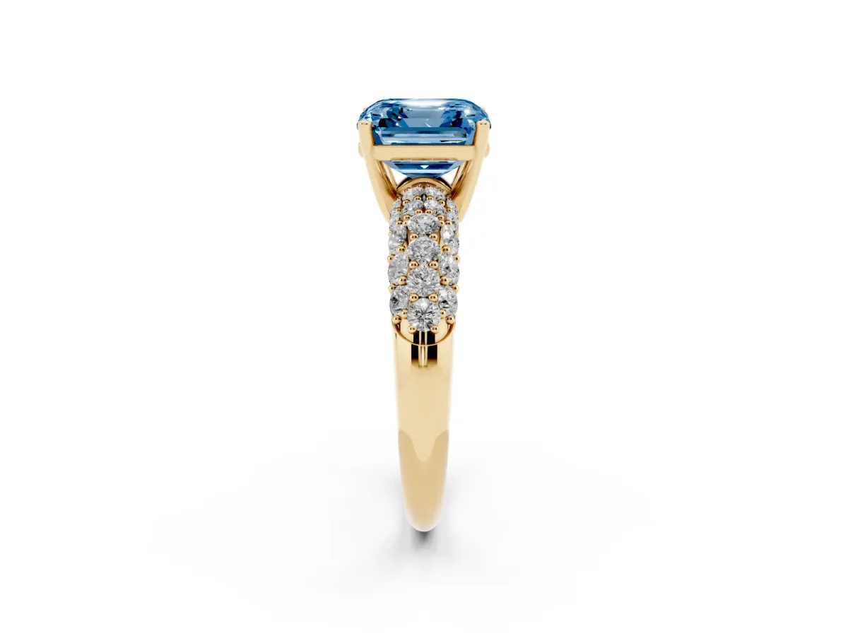 Fancy Blue Asscher Cut Diamond Pavé Band Solitaire Ring with Four-Prong Setting Yellow gold