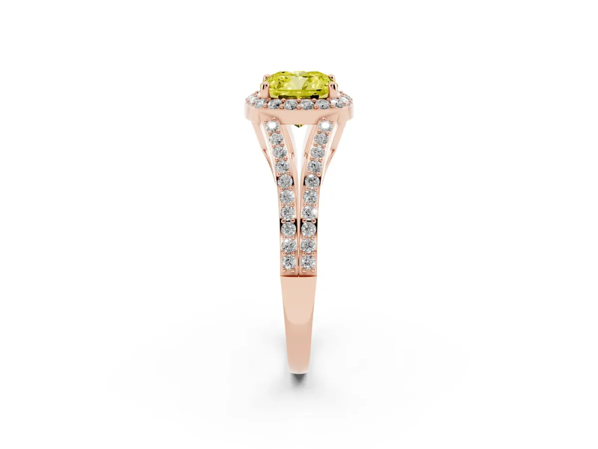 Fancy Yellow Cushion Cut Halo Split Shank Pave Diamond Ring with Four-Prong Setting Rose gold