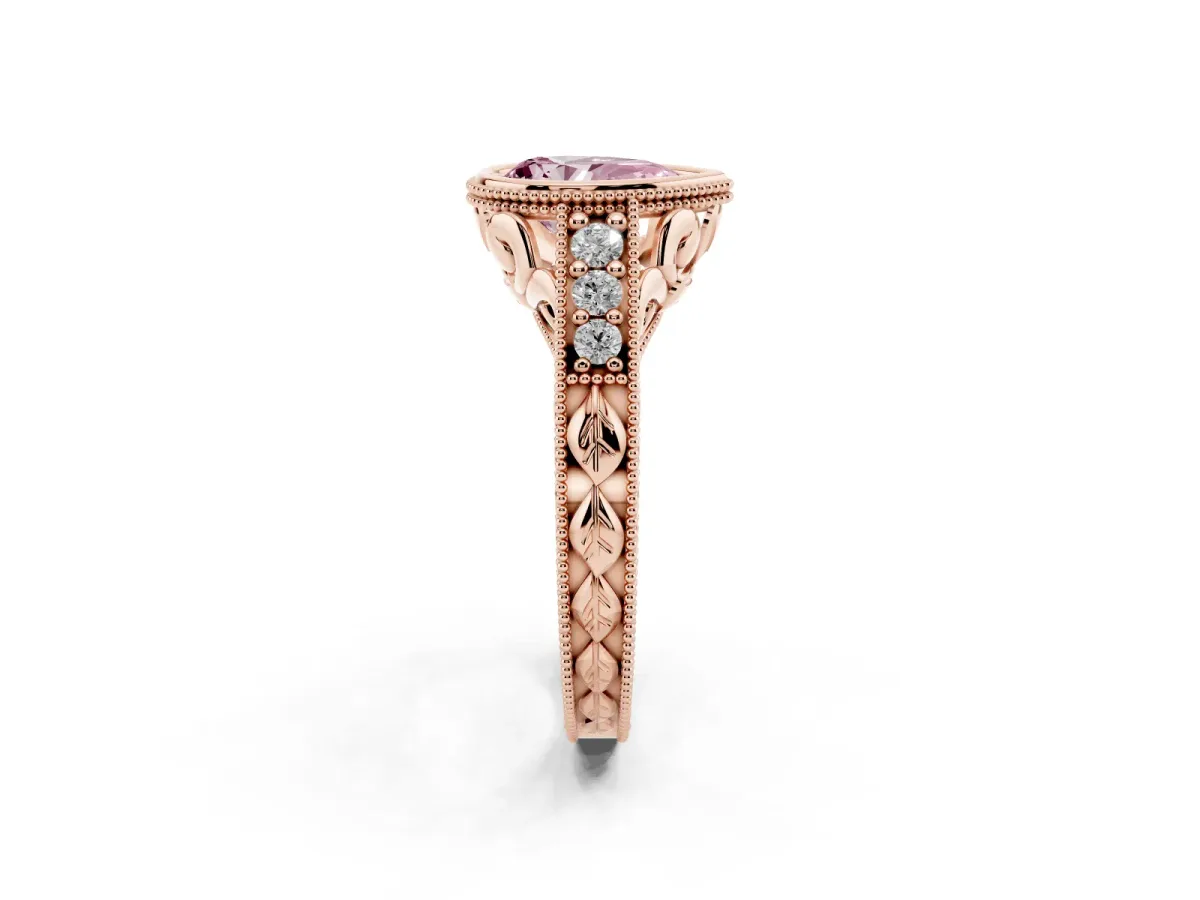 Fancy Pink Bezel Set Pear Cut Diamond Milgrain Pave Engagement Ring Rose gold