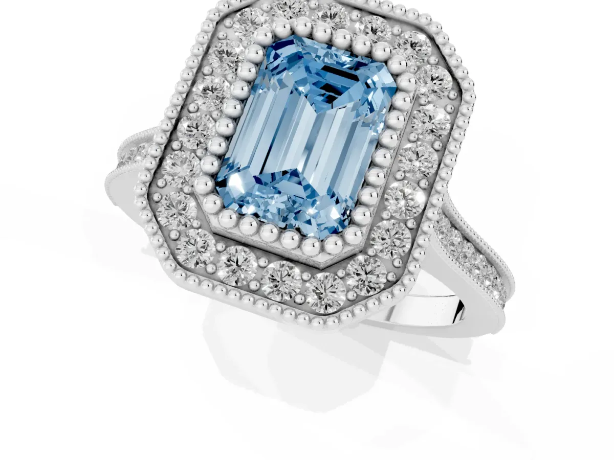 Fancy Blue Emerald Cut Diamond Halo Ring with Milgrain Frame and Pavé Band Silver