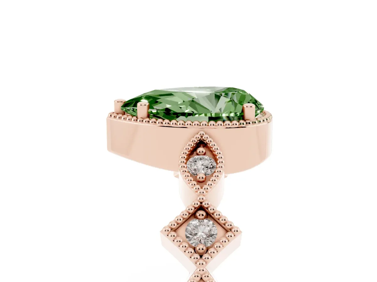 Fancy Green Pear Cut Milgrain Marquise Diamond Twist Band Ring Rose gold