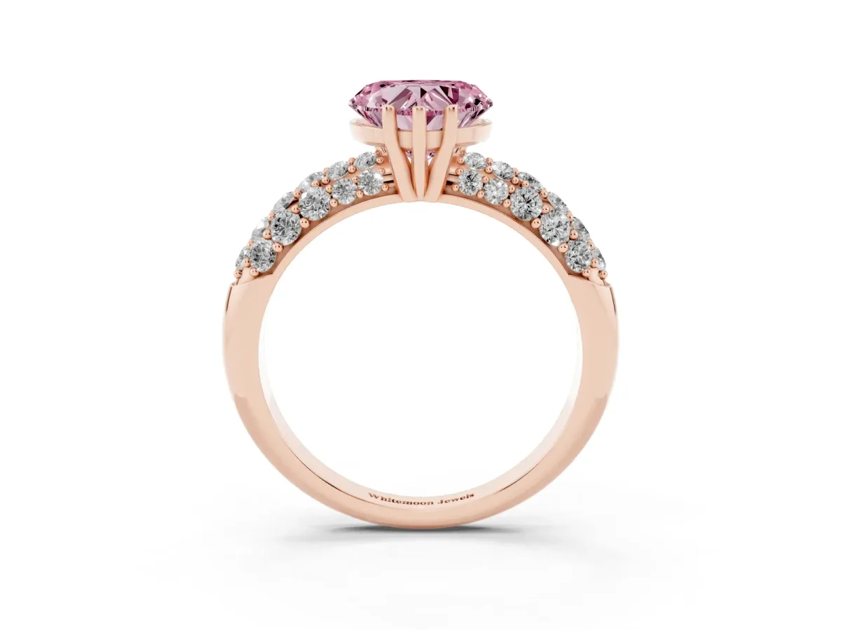 Fancy Pink Heart Cut Diamond Pavé Band Solitaire Ring with Four-Prong Setting Rose gold